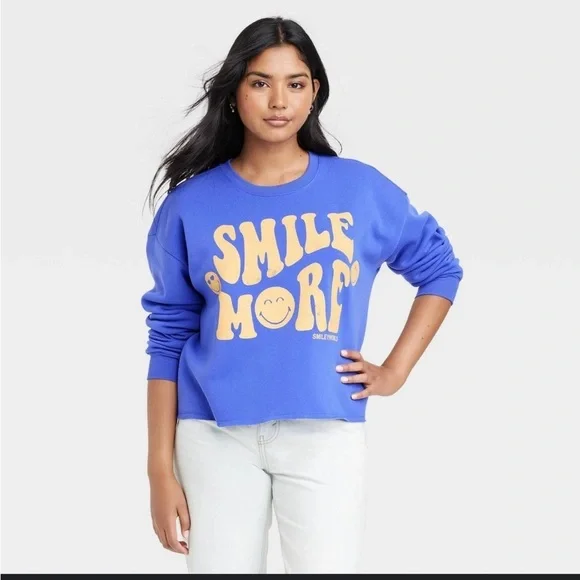 Smiley World Smile More Graphic Print Pullover Crewneck Sweatshirt Blue XL - Picture 1 of 6